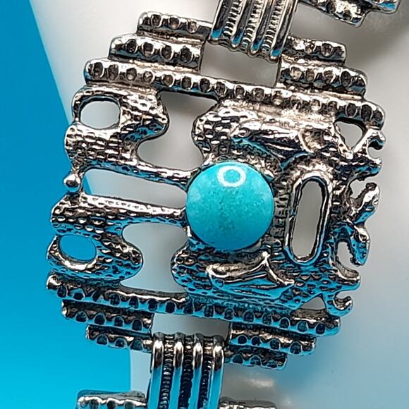 Vintage Silver Tone Wide Bracelet, Turquoise Lucite Cabochon, 6 3/4" - Picture 2 of 10